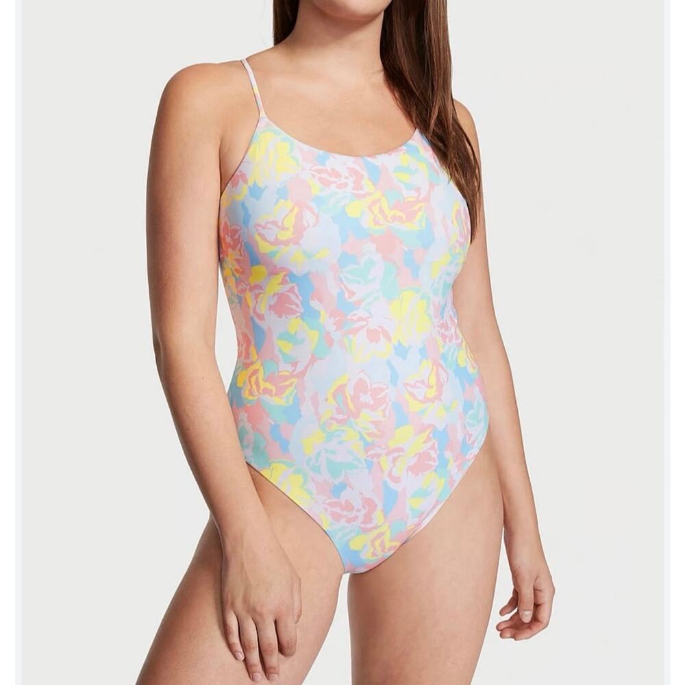 Victoria's Secret One Piece Swimsuit Pastel Floral High Cut Back L vacation